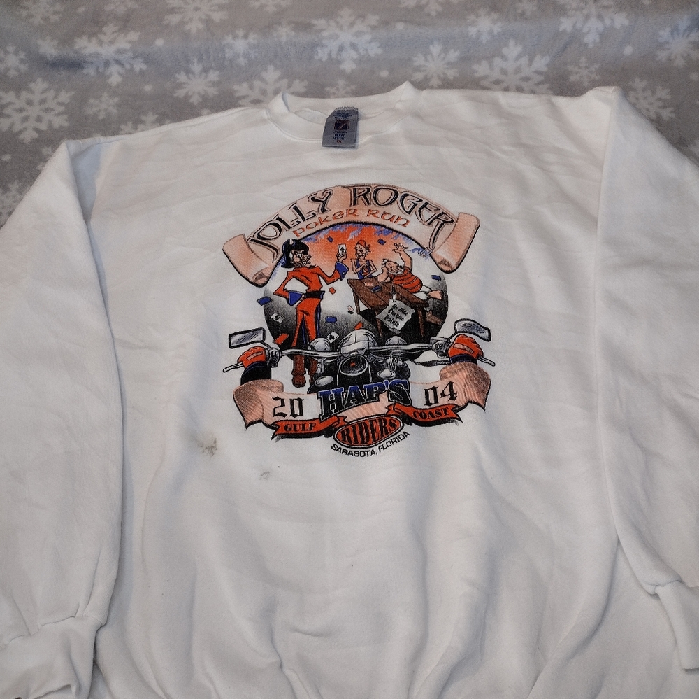 Vintage Motorcycle Sweatshirt Poker Run XXL Jolly Roger Pirate 2004. In very go